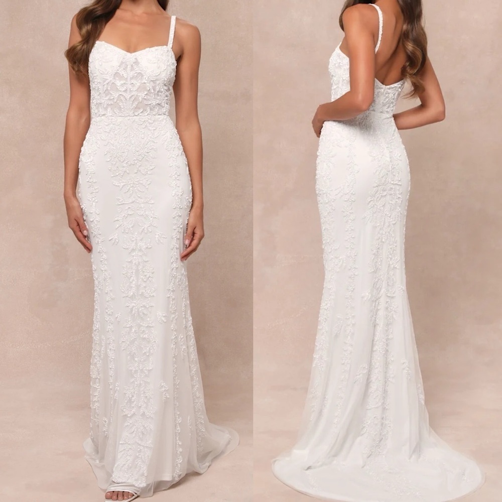 Momentous Love White Beaded Bustier Mesh Mermaid Maxi Dress